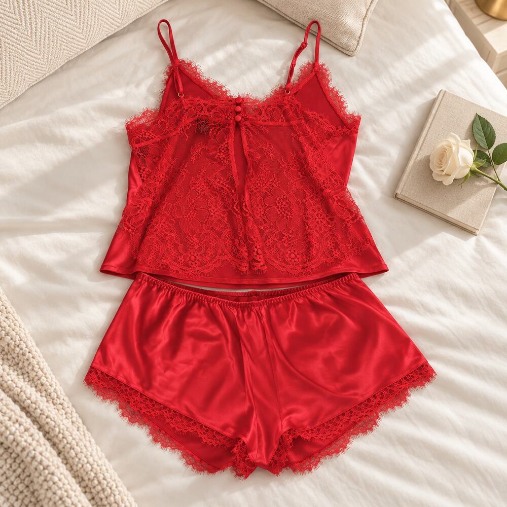 Victoria’s Secret Lace Back Satin Cami Shorts Pajama Set Red Large NWT